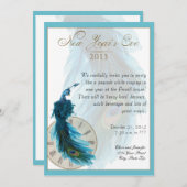 Aquamariner Blue Peacock Plume Silvester Einladung (Vorne/Hinten)