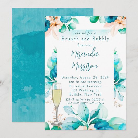 Aquamariner Blumenbrunch und Bubbly Invasion Einladung (Vorne/Hinten)
