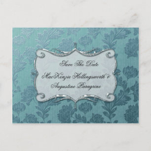 Aquamariner BlumenDamast Save the Date Ankündigungspostkarte