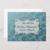 Aquamariner BlumenDamast Save the Date Ankündigungspostkarte (Vorne/Hinten)