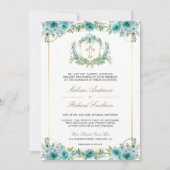 Aquamariner Blumengoldkatholischer QR-Code Hochzei Einladung (Vorderseite)