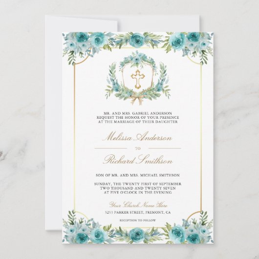 Aquamariner Blumengoldkatholischer QR-Code Hochzei Einladung (Vorderseite)