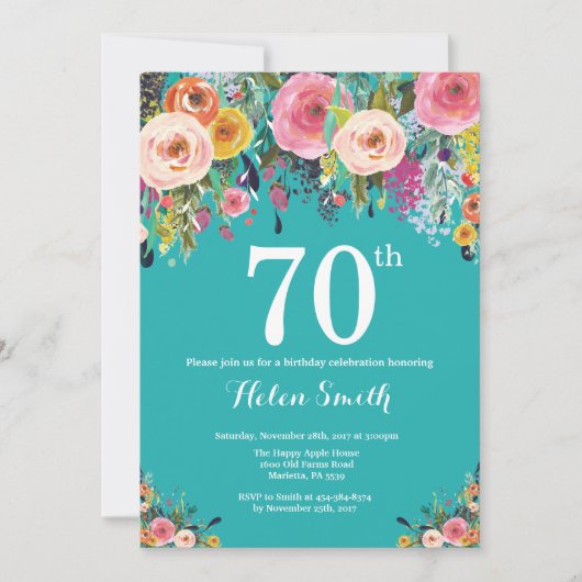 Aquamariner Blumenkohl 70. Geburtstag Einladung (Vorderseite)