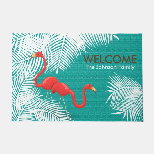 Aquamariner Burlap mit rosa Flamingos Fußmatte (Vorderseite)