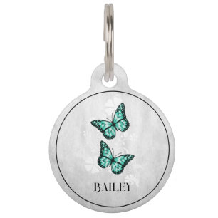 Aquamariner Butterfly Floral Round Pen Tag Haustiermarke