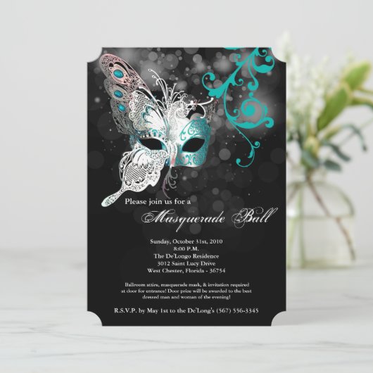 Aquamariner Butterfly Masquerade Maskenkostüm Hall Einladung (Stehend Vorderseite)