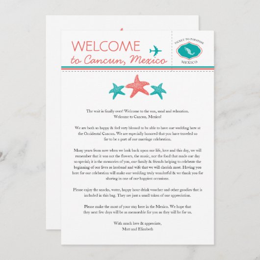 Aquamariner Coral Starfish Mexiko Hochzeitsempfang Einladung (Vorne/Hinten)