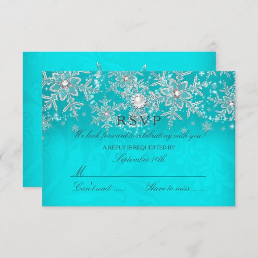 Aquamariner Crystal Pearl Snowflake Silver Winter RSVP Karte (Vorne/Hinten)