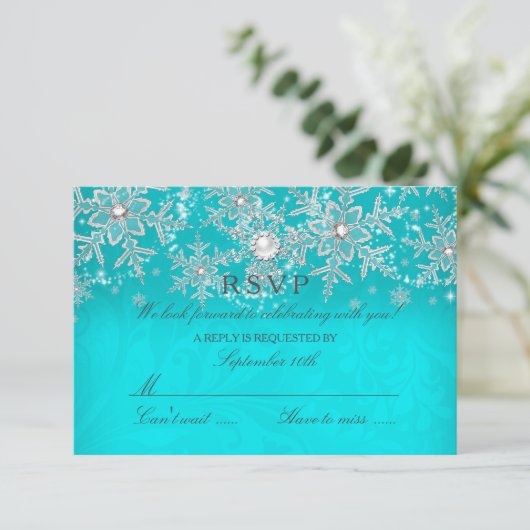 Aquamariner Crystal Pearl Snowflake Silver Winter RSVP Karte (Stehend Vorderseite)