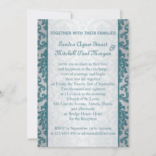 Aquamariner Damast auf silberner Hintergrund Einladung (Rückseite)