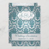 Aquamariner Damast auf silberner Hintergrund Einladung (Vorne/Hinten)