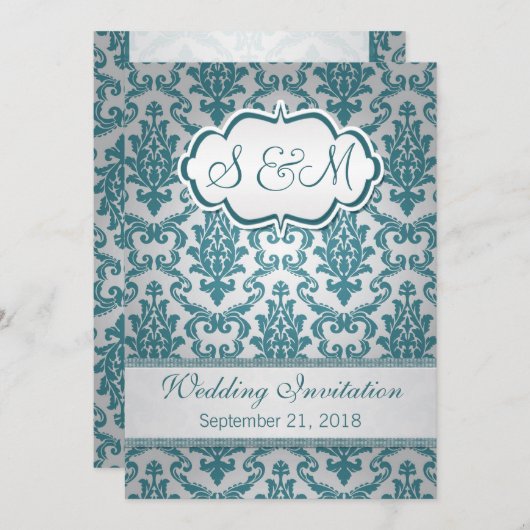 Aquamariner Damast auf silberner Hintergrund Einladung (Vorne/Hinten)
