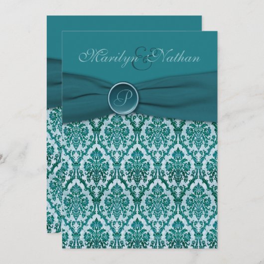 Aquamariner Damast-mit Monogramm Einladung (Vorne/Hinten)