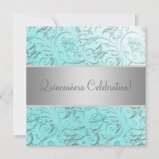 Aquamariner Damast Quinceanera Einladung (Vorderseite)