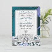 Aquamariner Damast und weiße Spitzenhochzeit Einladung (Stehend Vorderseite)