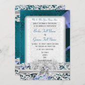 Aquamariner Damast und weiße Spitzenhochzeit Einladung (Vorne/Hinten)