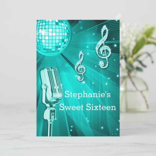 Aquamariner Disco-Ball und Retro Mikrofon 16. Einladung (Stehend Vorderseite)