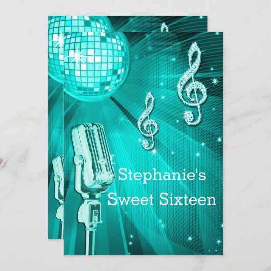 Aquamariner Disco-Ball und Retro Mikrofon 16. Einladung (Vorne/Hinten)
