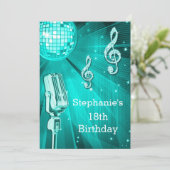Aquamariner Disco-Ball und Retro-Mikrofon 18. Gebu Einladung (Stehend Vorderseite)