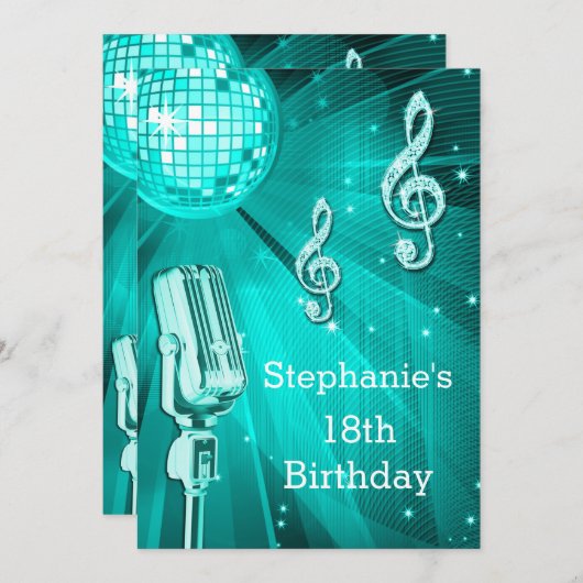 Aquamariner Disco-Ball und Retro-Mikrofon 18. Gebu Einladung (Vorne/Hinten)