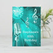 Aquamariner Disco-Ball und Retro-Mikrofon 60. Gebu Einladung (Stehend Vorderseite)