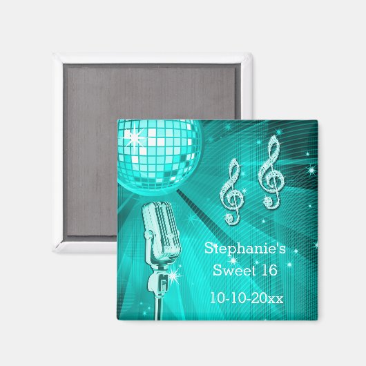 Aquamariner Disco-Ball und Retro-Mikrofon Sweet 16 Magnet (Vorderseite/Rückseite)