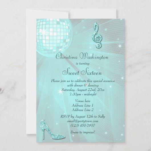 Aquamariner Diskothek Ball und Sparkle Heelse Swee Einladung (Rückseite)