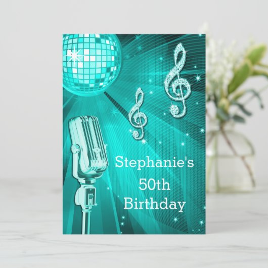 Aquamariner Diskothek und Retro-Mikrofon 50. Gebur Einladung (Stehend Vorderseite)