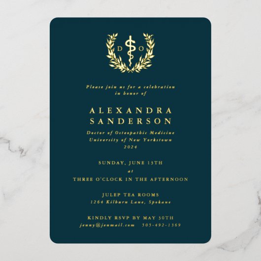 Aquamariner Doktor der Osteopathischen Medizin Abs Folieneinladung (Vorderseite)