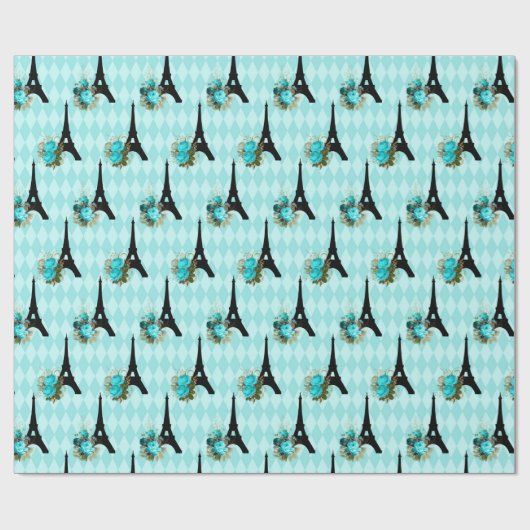 Aquamariner Eiffelturm und Schwarzer Flor Paris Geschenkpapier (Flach)