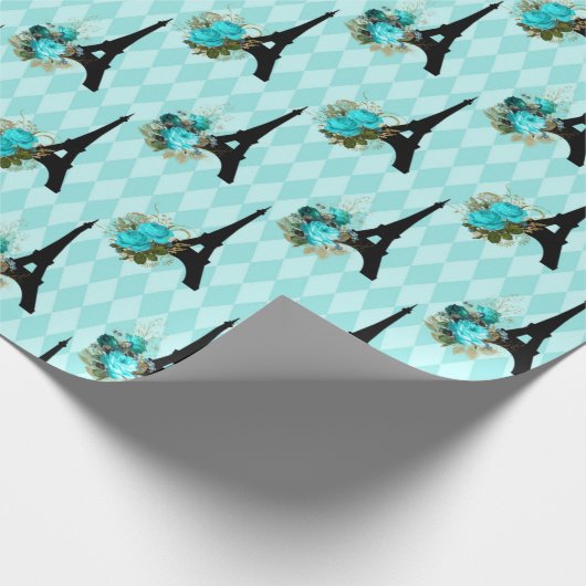 Aquamariner Eiffelturm und Schwarzer Flor Paris Geschenkpapier (Ecke)