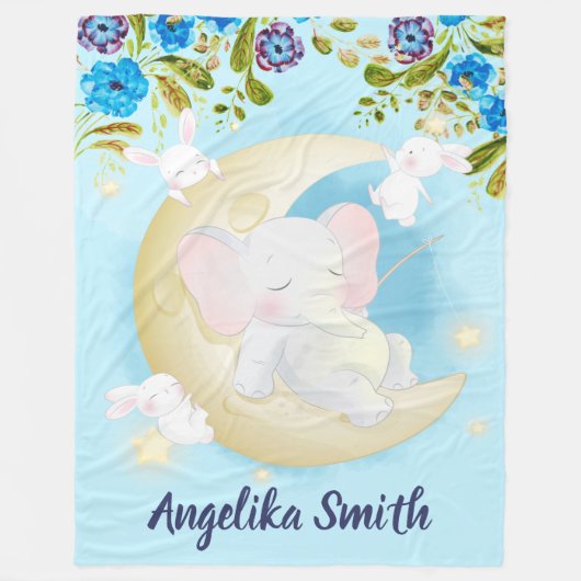Aquamariner Elefant Crescent Moon Personalisierter Fleecedecke (Vorderseite)