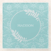 Aquamariner Eleganter Damask Personalisierter Glas Glasuntersetzer (Vorderseite)