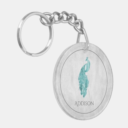 Aquamariner Eleganter Pfau Personalisierter Schlüs Schlüsselanhänger (Vorderseite links)