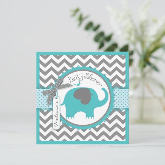 Aquamariner Elephant Boy Zickzack Print Baby Dusch Einladung (Stehend Vorderseite)