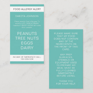 Aquamariner Food Allergy Alert Card Telefonnummerkarte