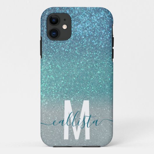 Aquamariner Funkelnd Glitzer Ombre Monogram Case-Mate iPhone Hülle (Rückseite)