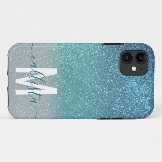 Aquamariner Funkelnd Glitzer Ombre Monogram Case-Mate iPhone Hülle (Rückseite (Horizontal))