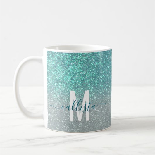 Aquamariner Funkelnd Glitzer Ombre Monogram Kaffeetasse (Links)