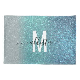 Aquamariner Funkelnd Glitzer Ombre Monogram Kissenbezug