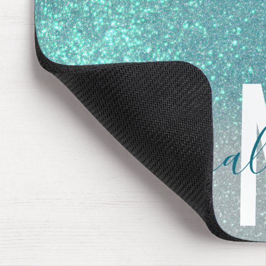 Aquamariner Funkelnd Glitzer Ombre Monogram Mousepad (Ecke)