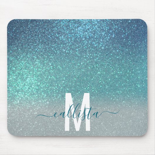 Aquamariner Funkelnd Glitzer Ombre Monogram Mousepad (Vorne)