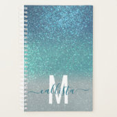 Aquamariner Funkelnd Glitzer Ombre Monogram Planer (Vorderseite)