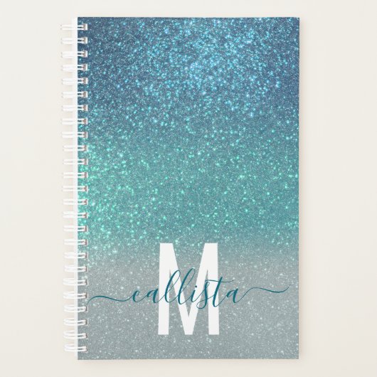 Aquamariner Funkelnd Glitzer Ombre Monogram Planer (Vorderseite)