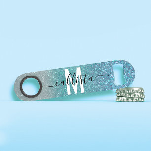 Aquamariner Funkelnd Glitzer Ombre Monogram Speed Flaschenöffner