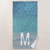 Aquamariner Funkelnd Glitzer Ombre Monogram Strandtuch (Vorderseite)