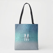 Aquamariner Funkelnd Glitzer Ombre Monogram Tasche (Vorderseite)