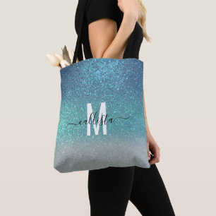 Aquamariner Funkelnd Glitzer Ombre Monogram Tasche