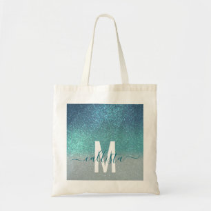 Aquamariner Funkelnd Glitzer Ombre Monogram Tragetasche