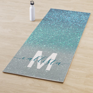 Aquamariner Funkelnd Glitzer Ombre Monogram Yogamatte